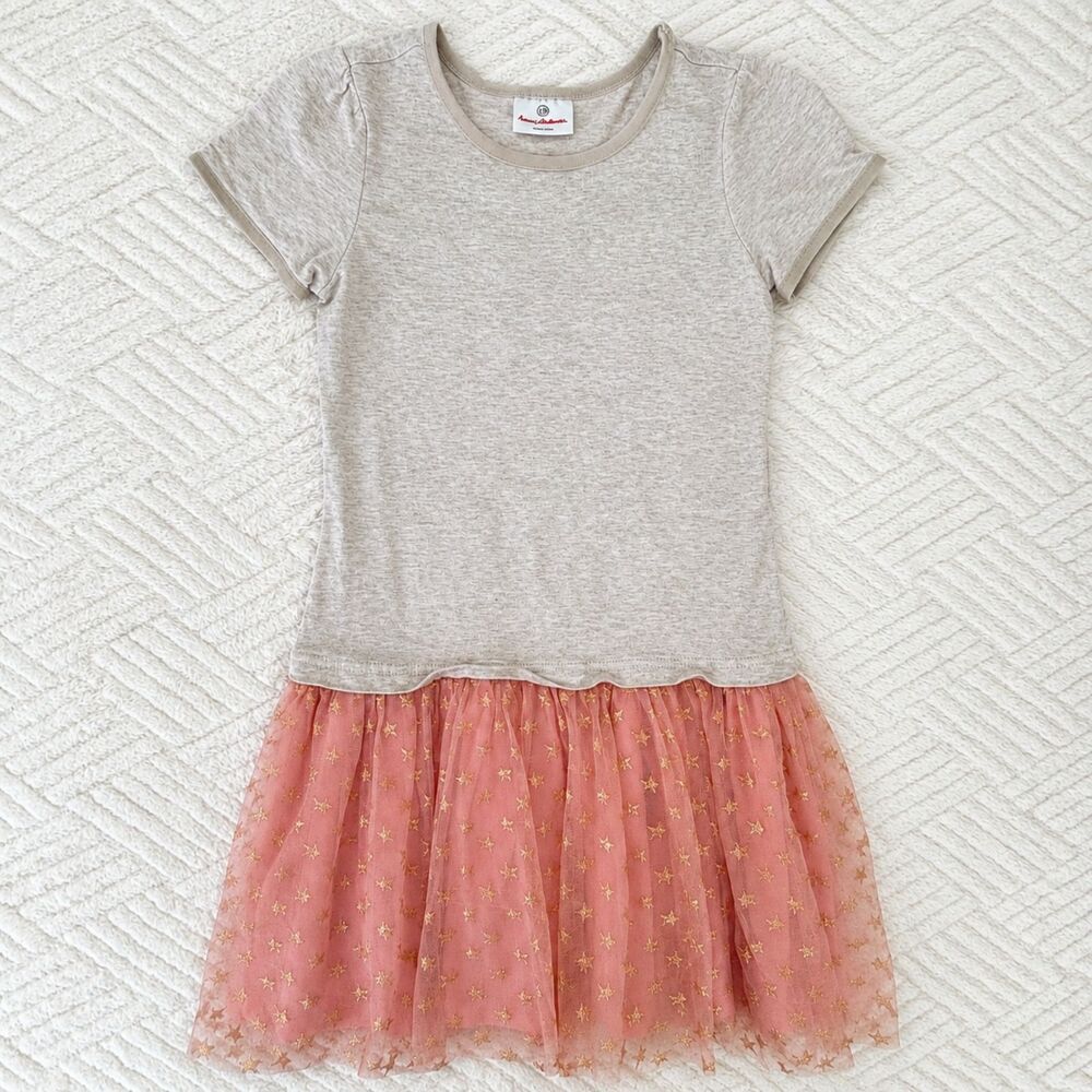 Hanna Andersson Girls Size 130 Pink Gold Star Tulle Dress Short Sleeve Party 8